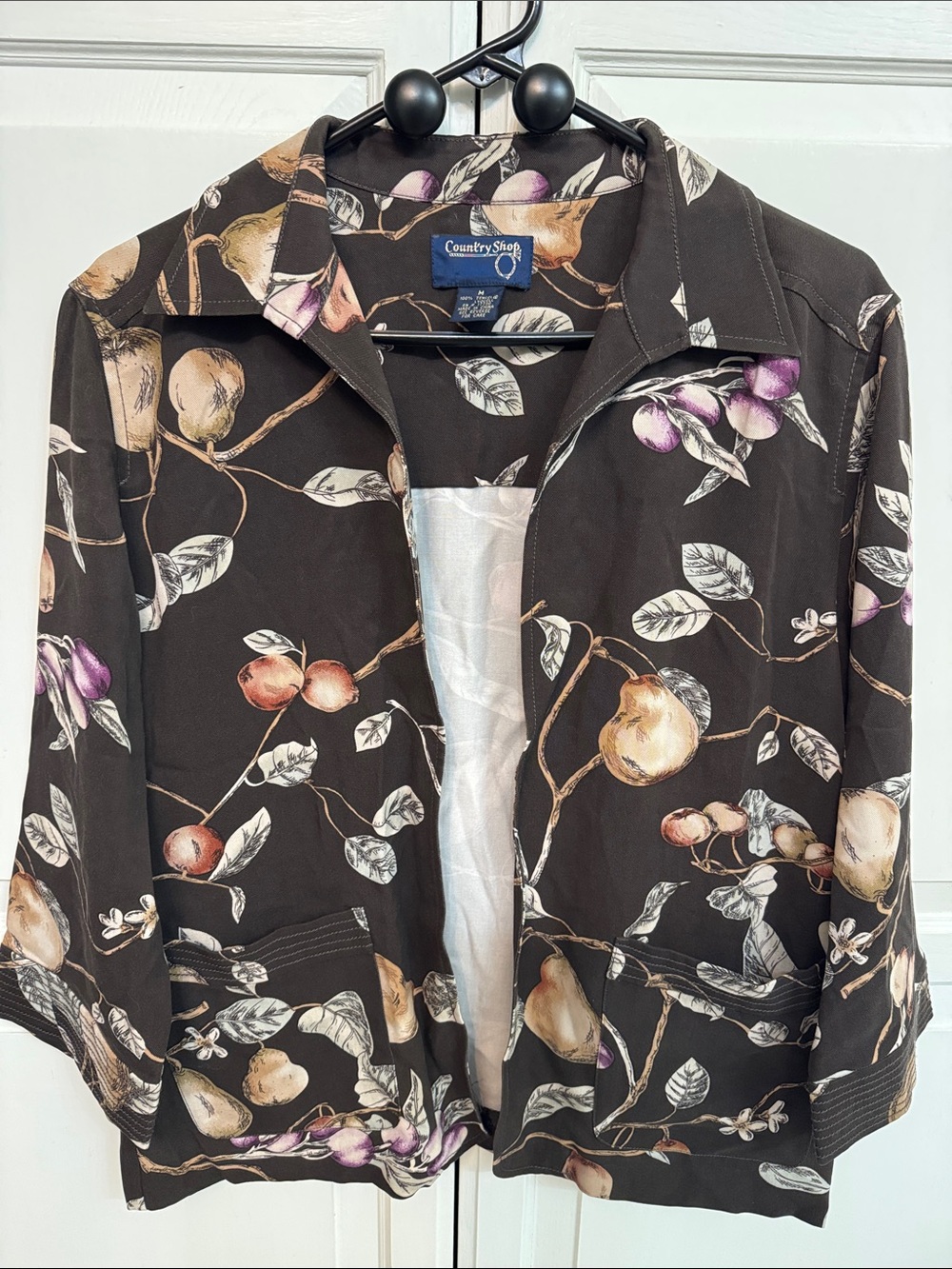Country Shop Brown Floral Fruit Print Blazer Jacket Whimsical Vintage size M